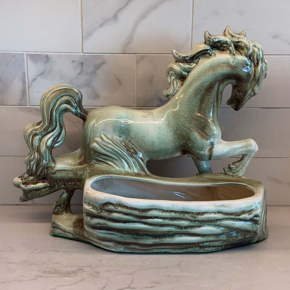 Vintage Large Mid Century Modern Ceramic Leaping Horse Planter Jade Green